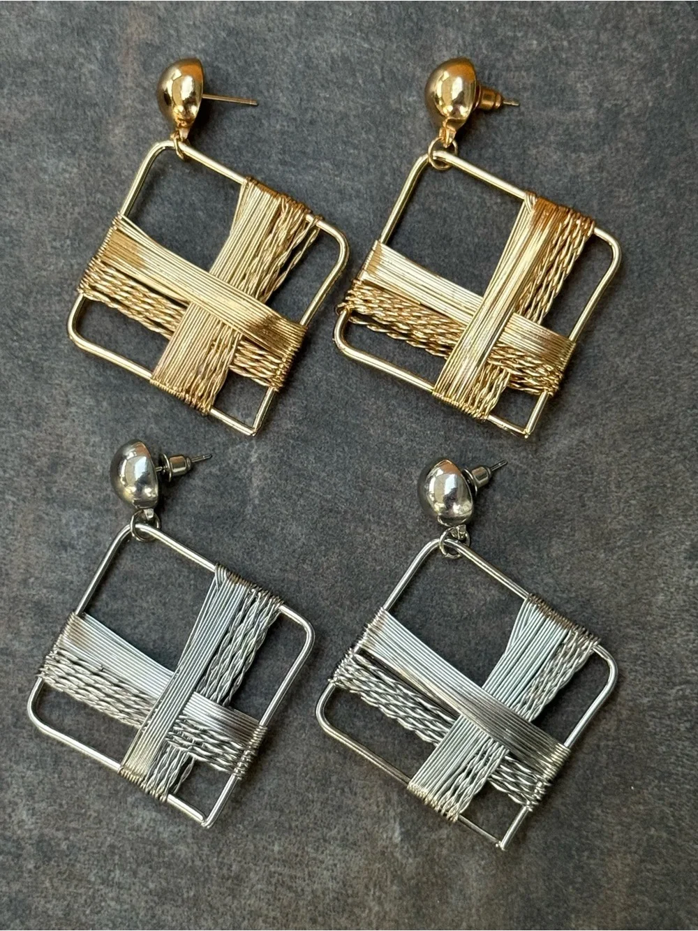 Gold and Silver Woven Square Drop Earrings - Women Jewelry